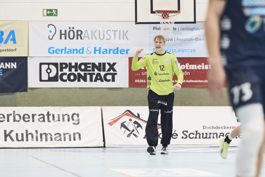 Linus Borreck war ein wichtiger Rückhalt (hier im Spiel gegen den Wilhelmshavener HV, 06.09.2025)